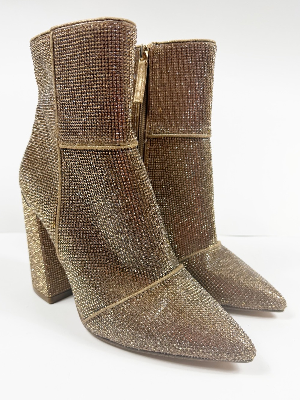 Steve Madden Gold Rhinstones Zip Up Booties Size 7.5 Block Heel